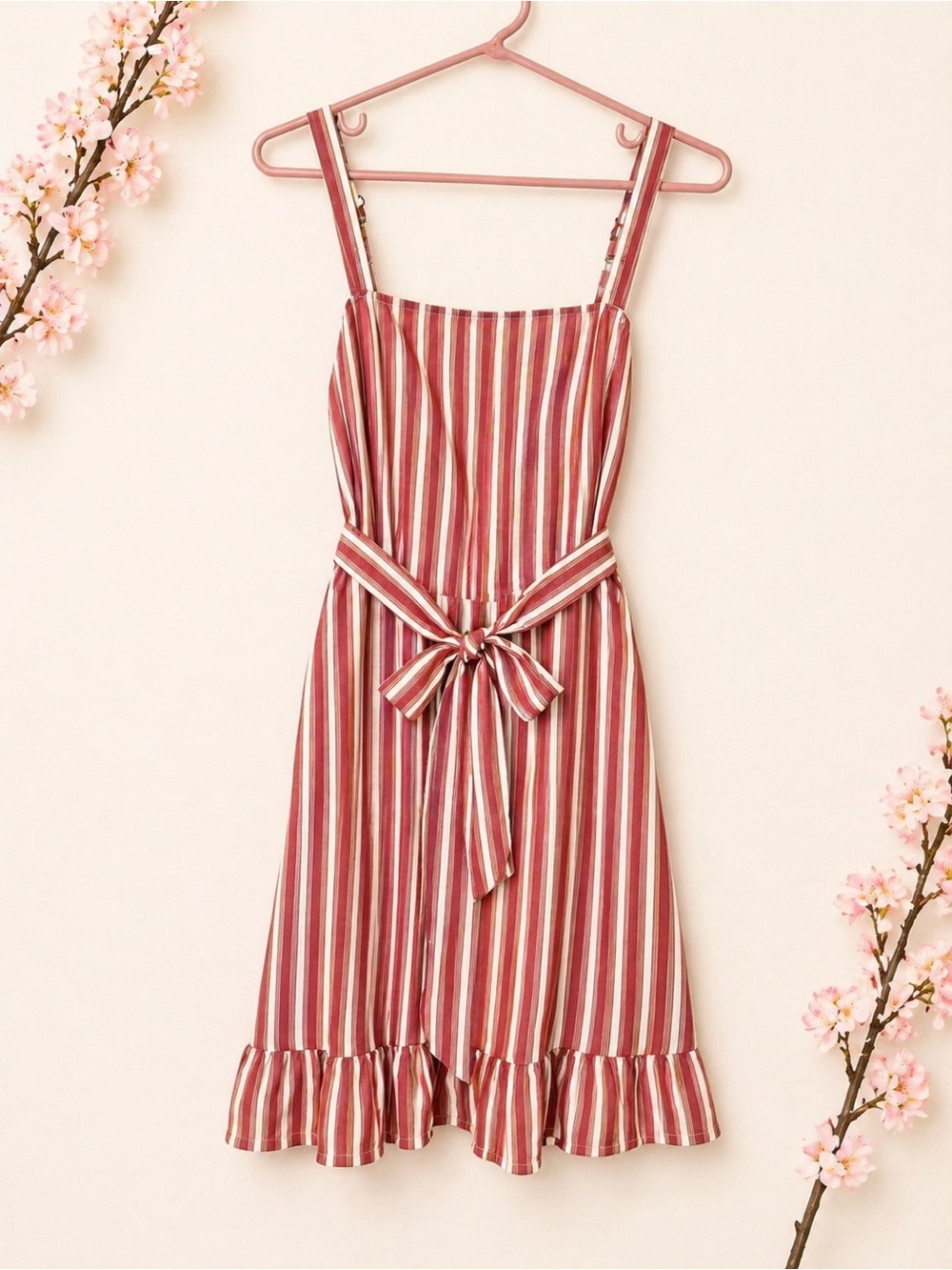 Hollister Striped Sundress Tie Waist Ruffle Hem Mini Red Cream S